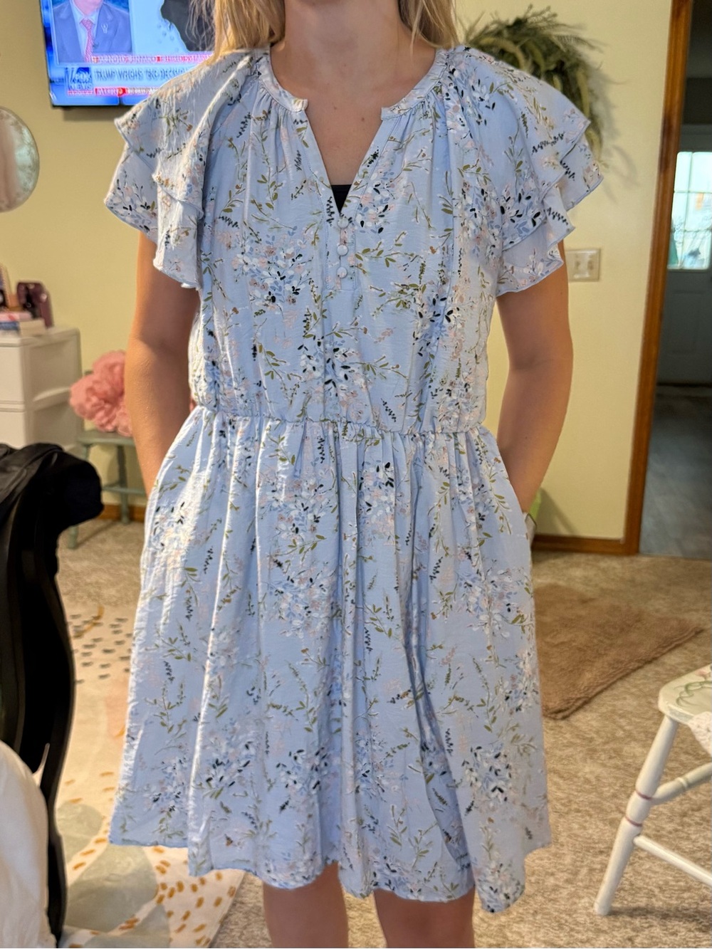 Light Blue Floral Ruffle Sleeve Dress